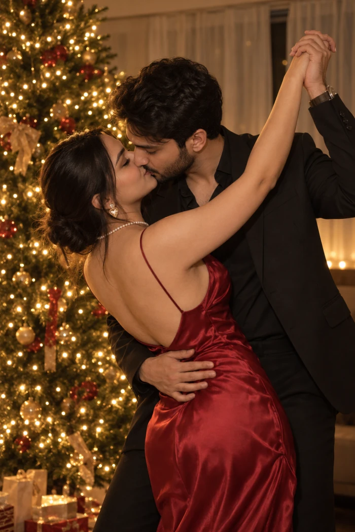 A Kiss Under Christmas Lights Portrait sample