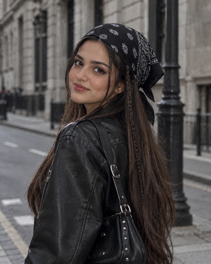 Black Bandana and Leather Jacket Street Style Look sample