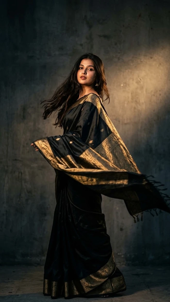 Cinematic Black Saree Portrait sample