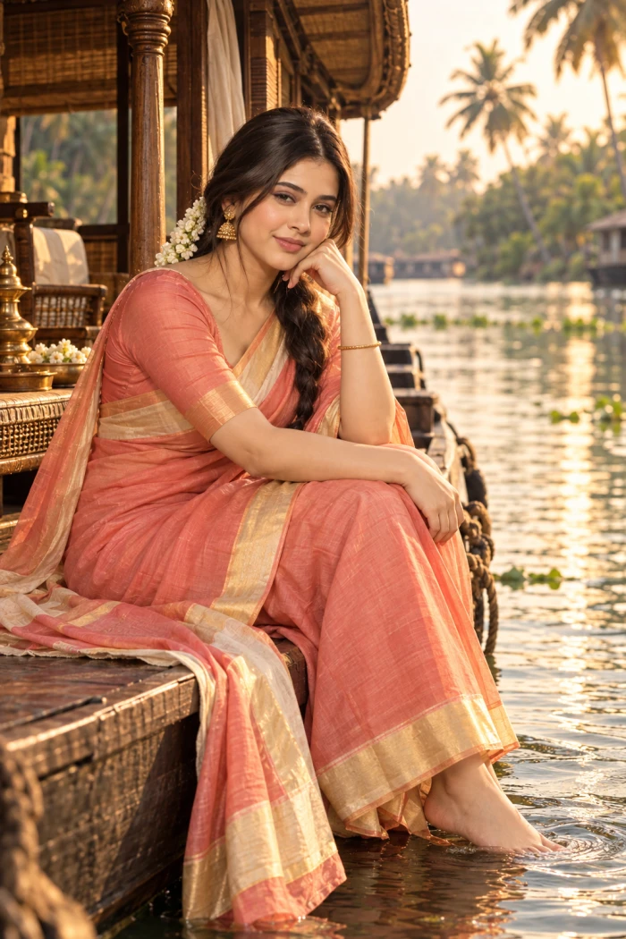 Coral Kasavu Saree Backwater Portrait