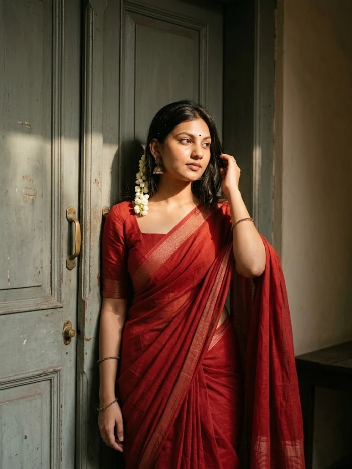 Deep Red Saree Traditional Look sample