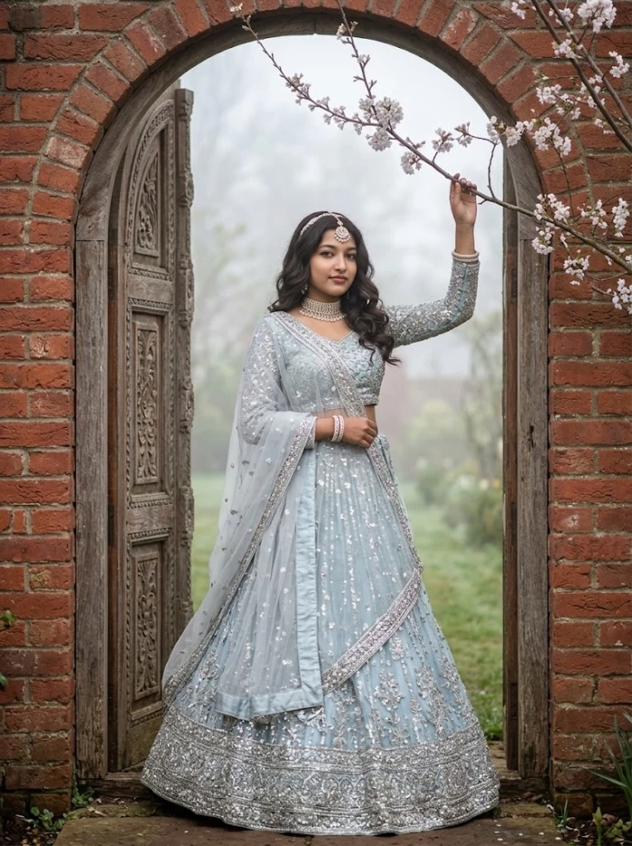Dreamy Ice Blue Bridal Lehenga Look sample