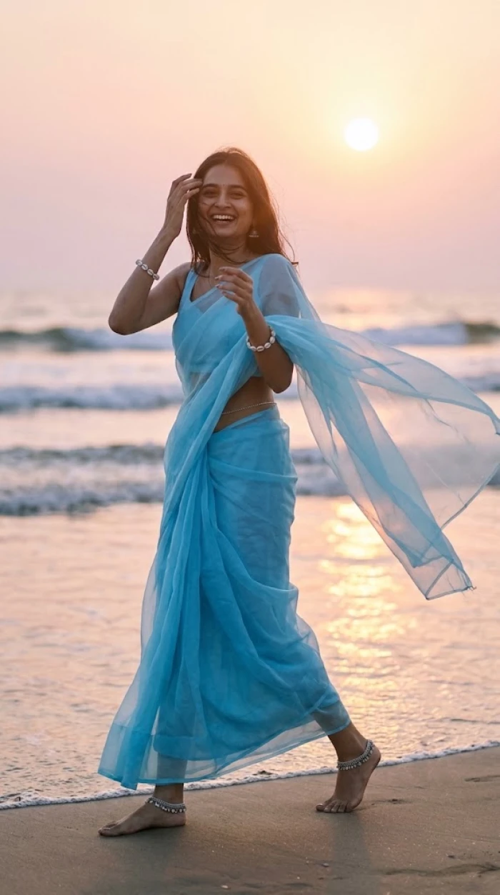 Dreamy Sky Blue Saree Beach Look sample