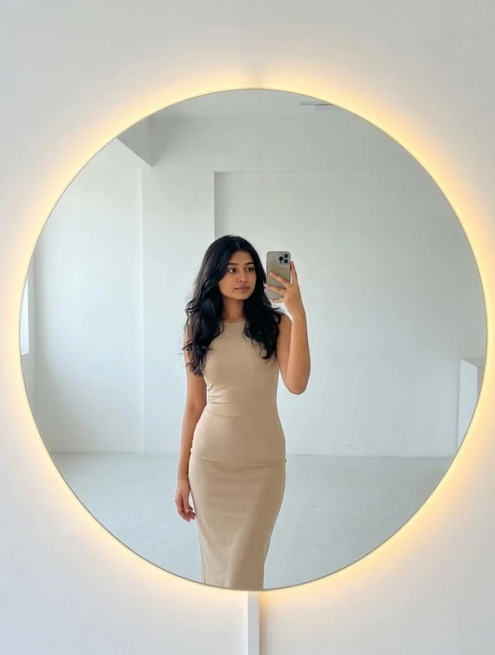 Elegant Beige Dress Studio Portrait sample