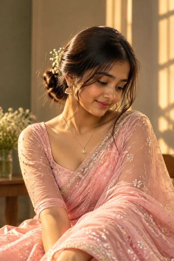 Elegant South Asian Woman Pink Saree Portrait sample
