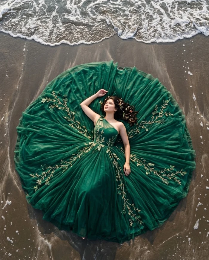 Emerald Green Gown Beach Aerial Photoshoot sample