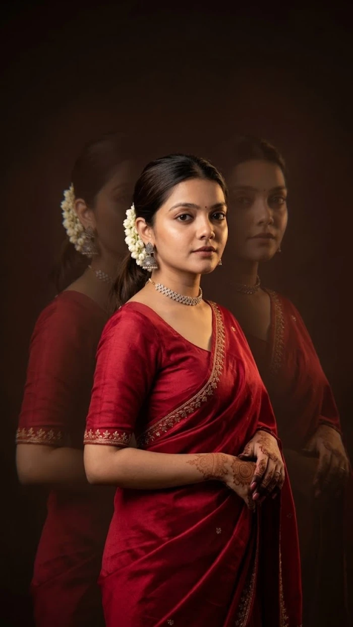 Ethereal Red Saree Reflection Portrait sample
