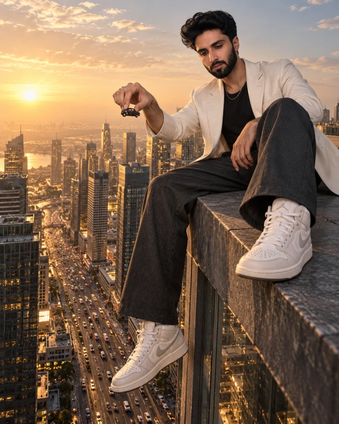 Giant man seated on skyscraper