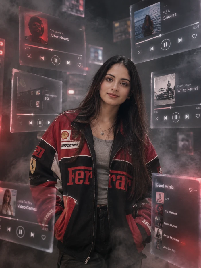 Girl Surrounded by Floating Playlists sample