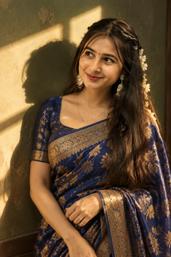 Golden Hour Blue Saree Shadow Art Portrait sample