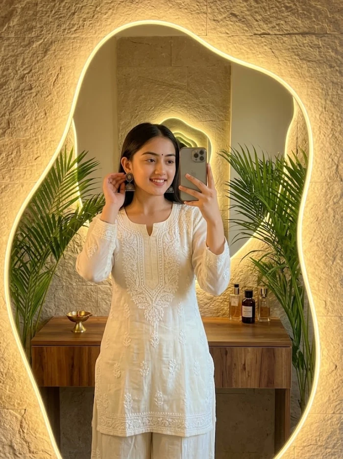 Ivory Chikankari Mirror Selfie sample
