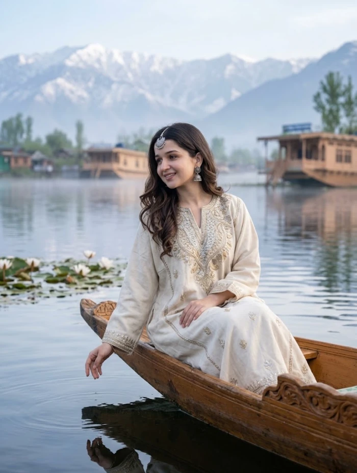 Ivory Kashmiri Pheran on Dal Lake sample