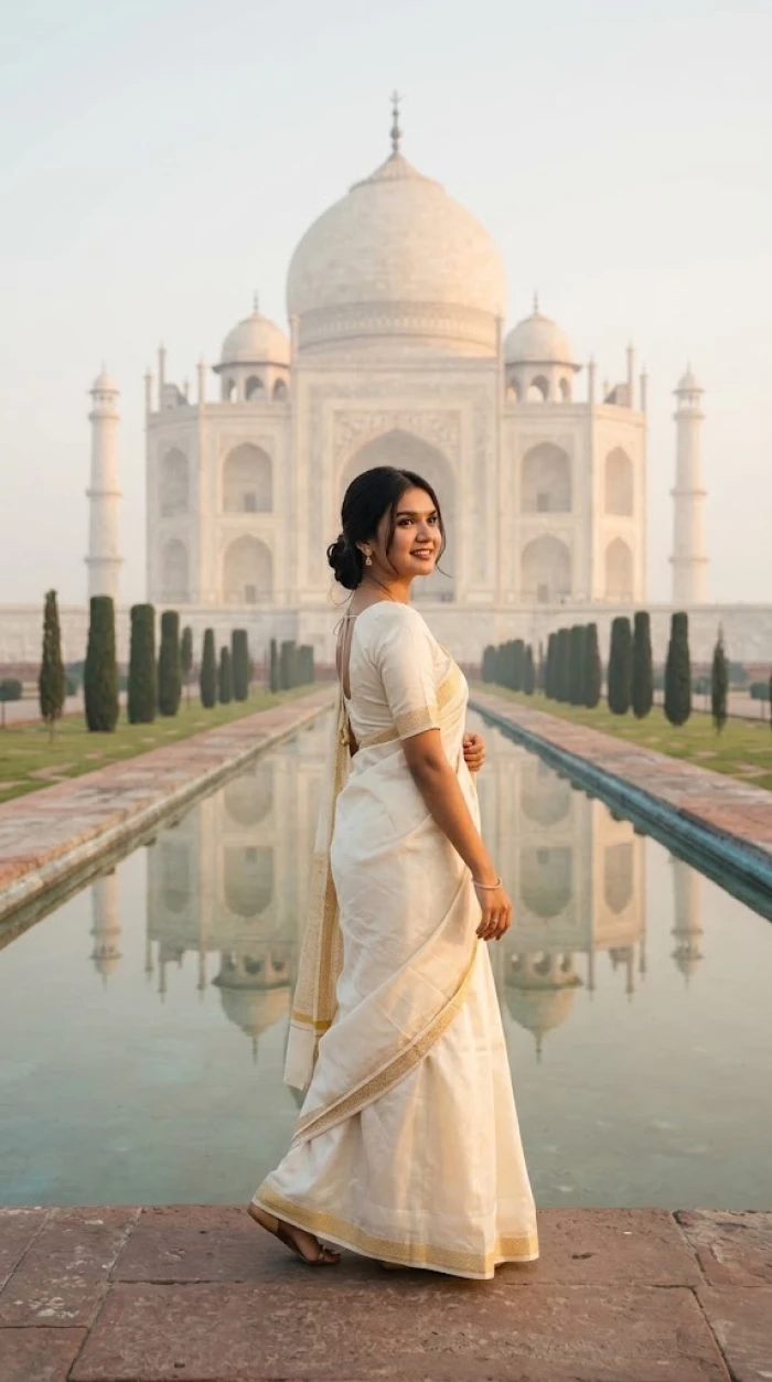 Ivory Silk Saree Taj Mahal Look