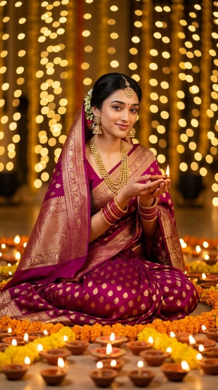 Magenta Banarasi Saree Diwali Aesthetic Portrait sample