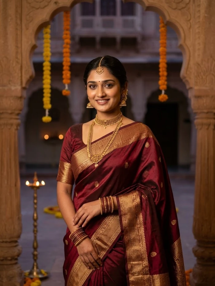 Maroon Silk Saree Palace Portrait sample