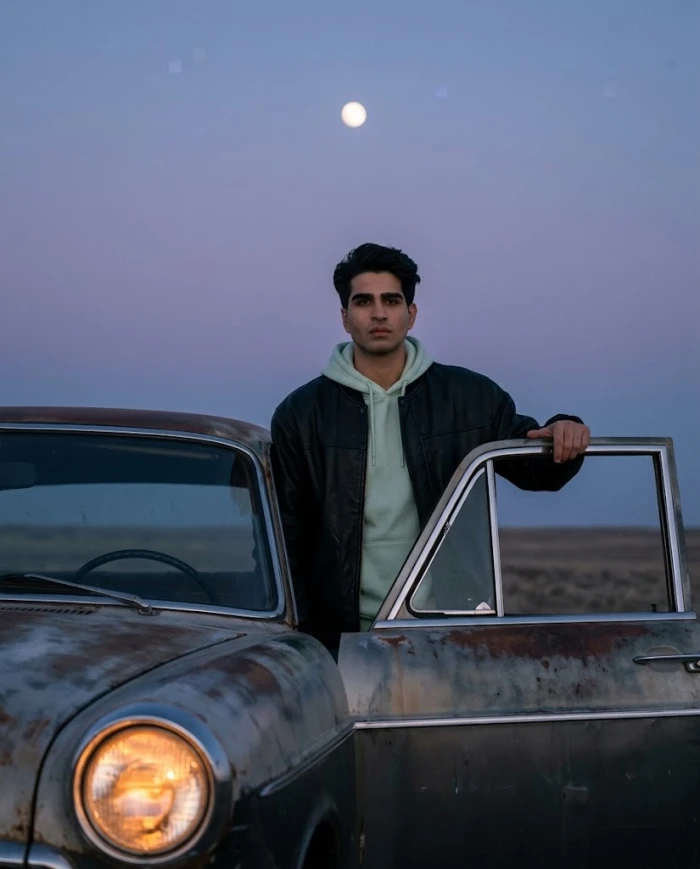 Moonlit Vintage Car Portrait at Dusk sample
