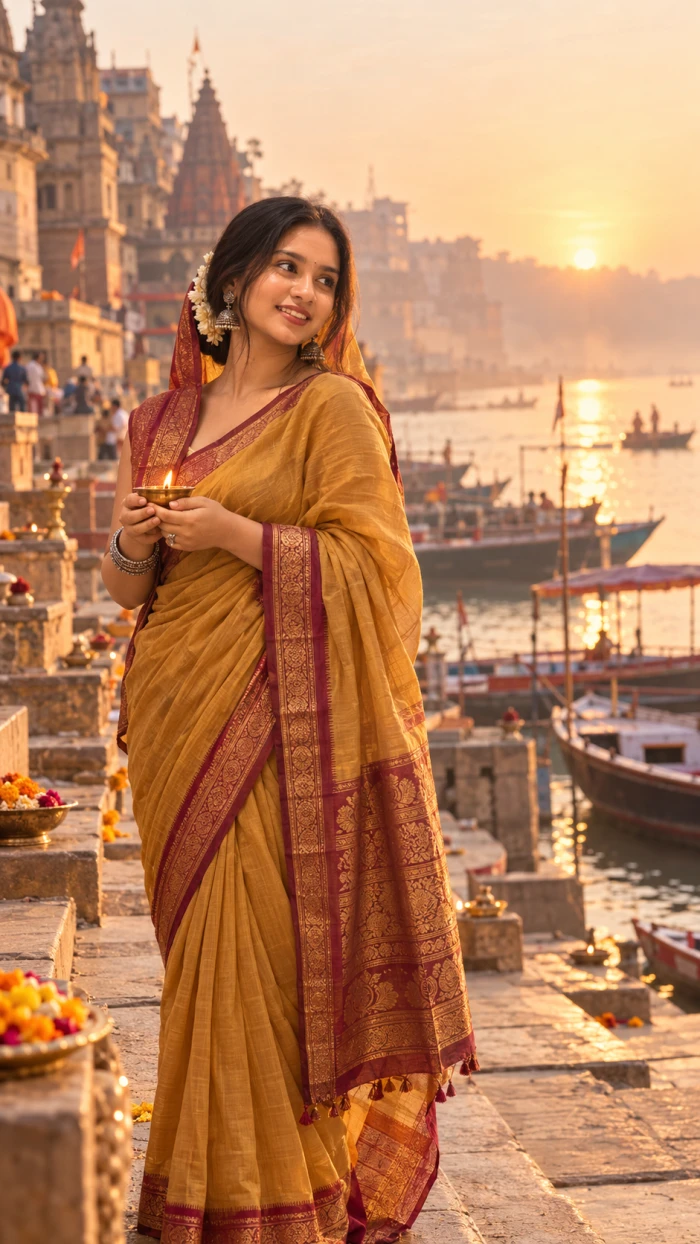 Mustard Gold Saree Varanasi Ghat