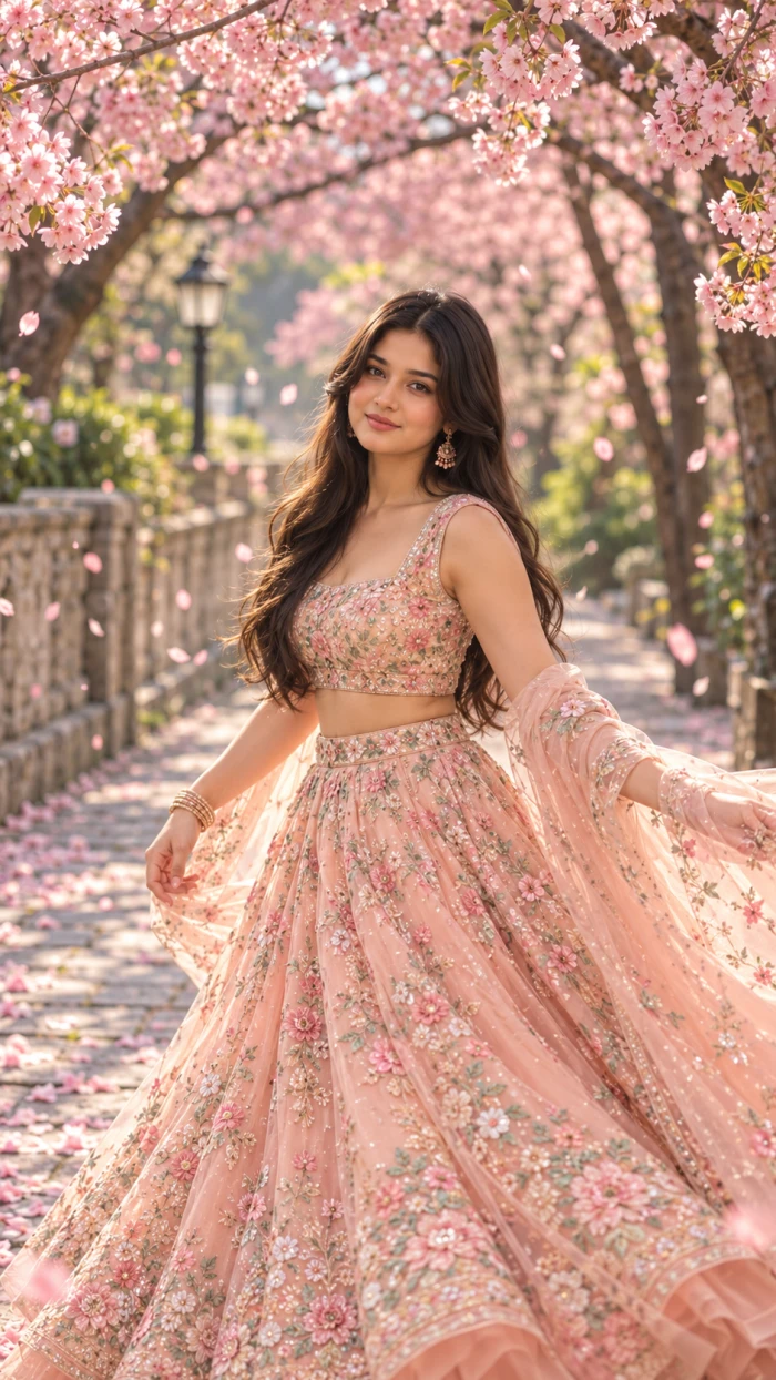 Pastel Peach Floral Lehenga Look sample