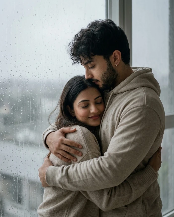 Rainy Window Couple Embrace sample