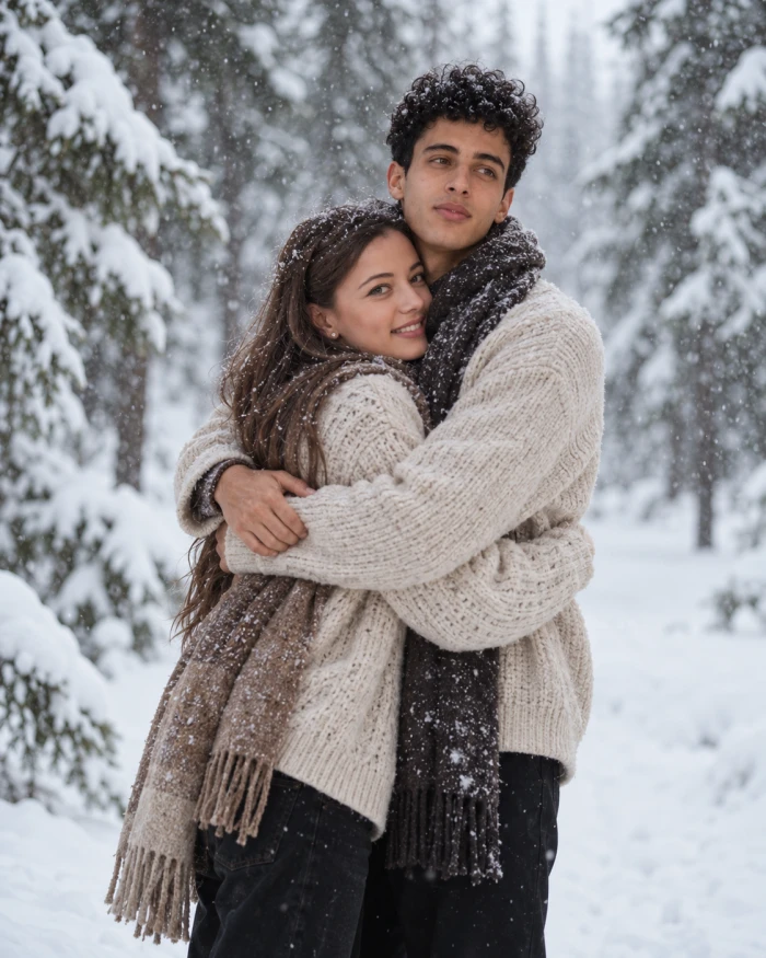 Romantic Winter Couple Hug Look sample