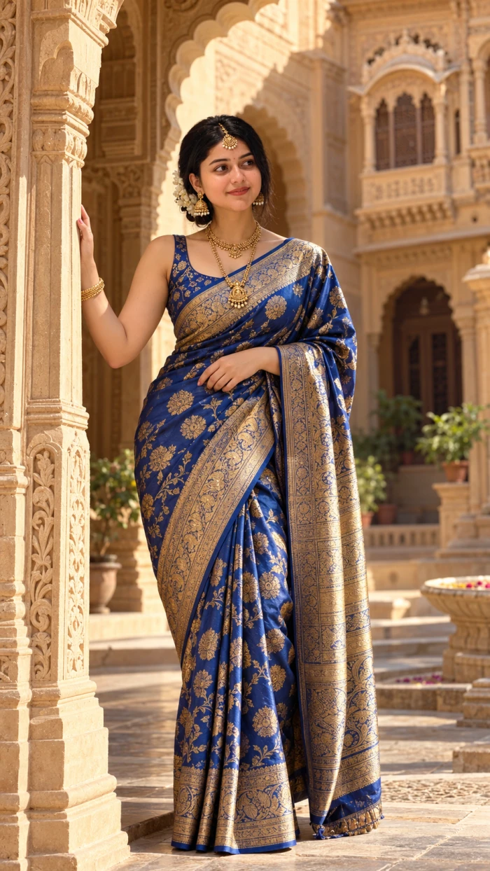 Royal Blue Banarasi Saree Haveli Photoshoot sample