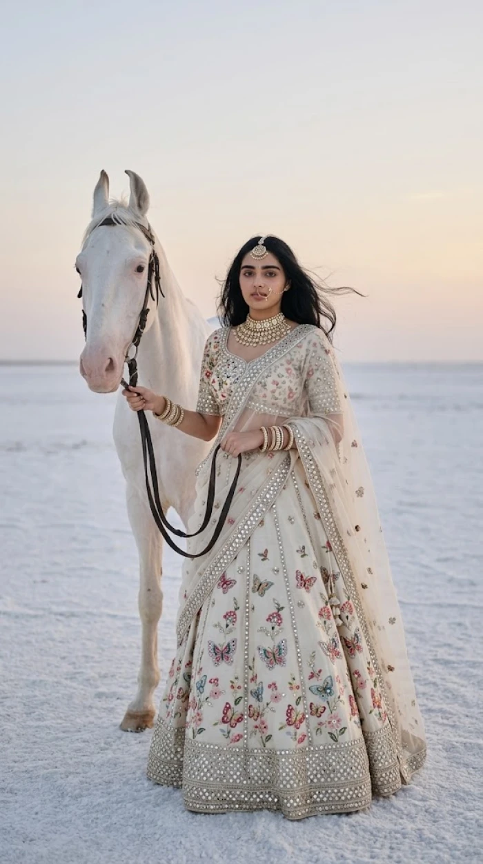 Royal Ivory Lehenga Photoshoot with White Horse sample