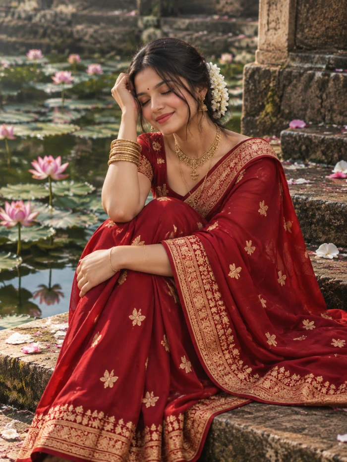 Royal Red Saree Portrait by the Lily Pond Look sample