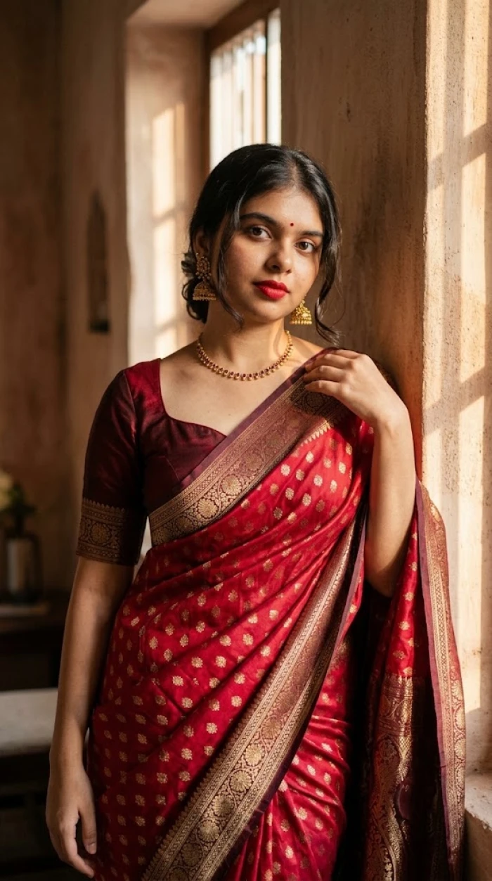 Royal Ruby Red Banarasi Saree Look sample