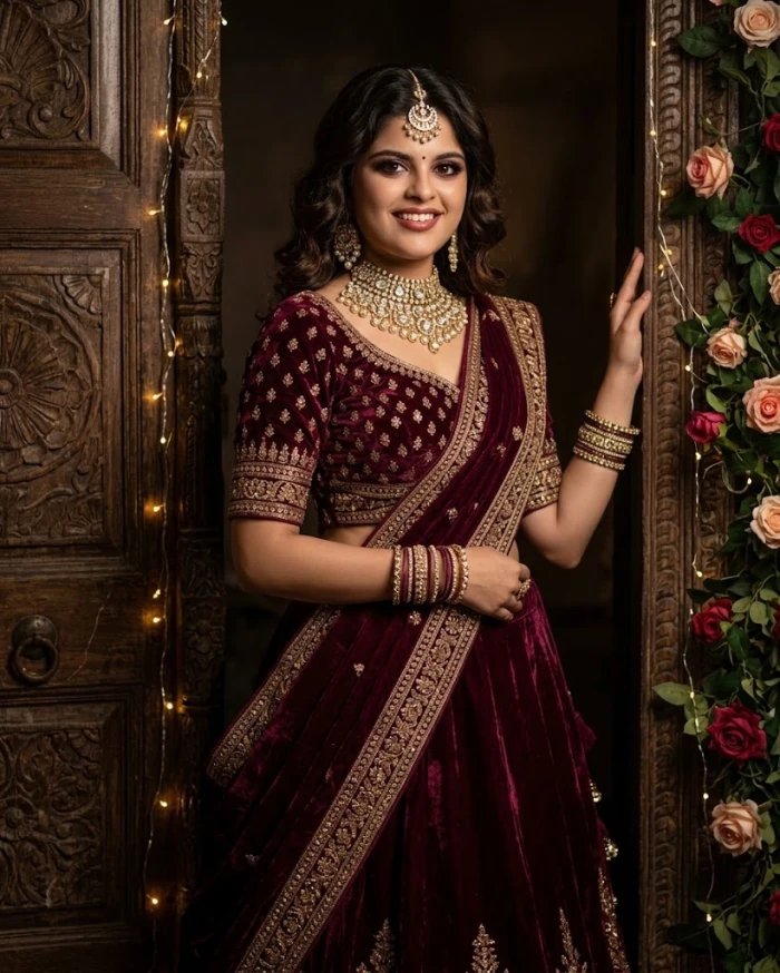 Royal Wine Velvet Lehenga Editorial sample