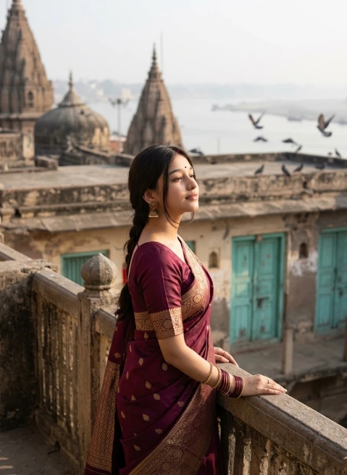 Varanasi Sunrise Banarasi Saree Portrait sample