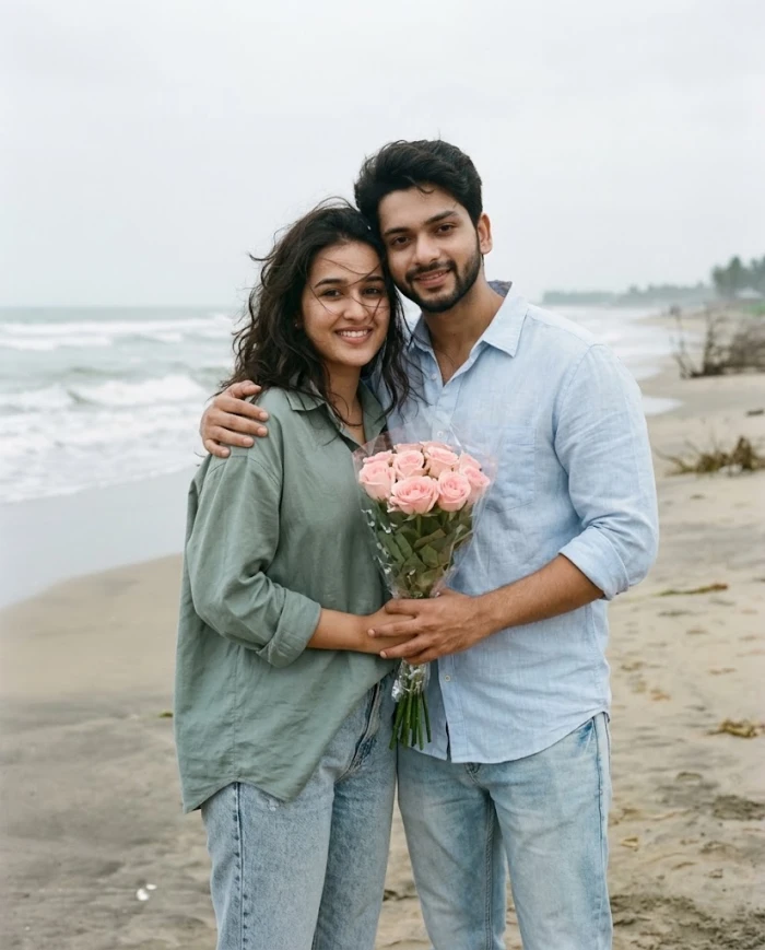 Windswept Beach Couple Portrait sample